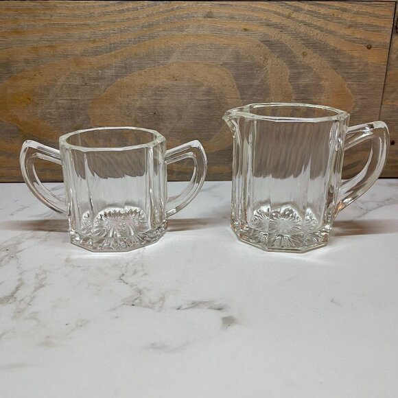 Clear Glass Sugar Bowl and Creamer Set Flower Cut Glass Design on Bottom - Picture 1 of 5